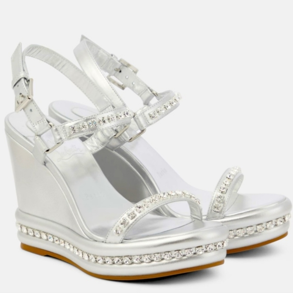 Christian Louboutin Silver Crystal-Embellished Wedge Sandals - Picture 3 of 12
